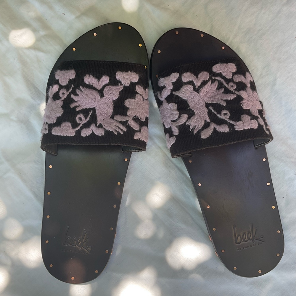Beek by Two Birds Anthro Embroidered slides/sandals size 8.